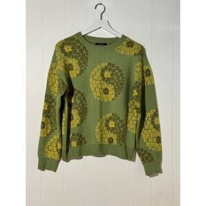 Witty Fox Yin Yang Floral Pullover Soft Sweater Green Yellow Medium